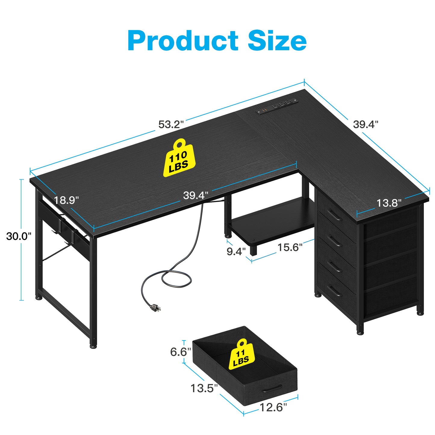 Casacomoda L Shaped Computer Desk with Charging Station , 53 inch PC Table Study Desk 4 Tier Drawers, Modern Simple Style Laptop Desk for Bedroom, Black