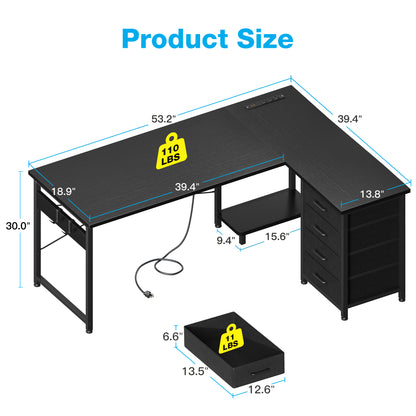 Casacomoda L Shaped Computer Desk with Charging Station , 53 inch PC Table Study Desk 4 Tier Drawers, Modern Simple Style Laptop Desk for Bedroom, Black