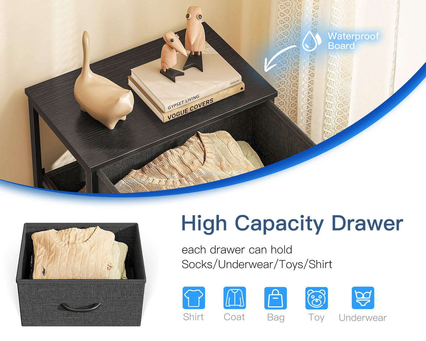 Casacomoda Dresser for Bedroom Nightstand Small Dresser Chest of Drawers End Table for Living Room, Closet Dresser with 3 Storage Drawers Organizer Clothes, Dark Grey
