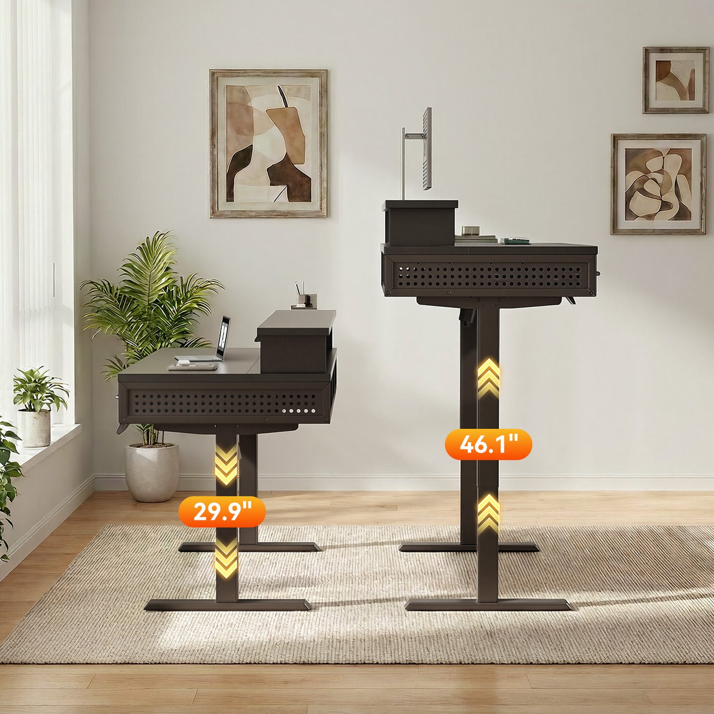 Casacomoda 48" Electric Standing Desk with 3 Wooden Drawers, Height Adjustable Desk with Power Outlets & LED Lights, Black Sit Stand Table with Monitor Stand for Home, Office, Workstation