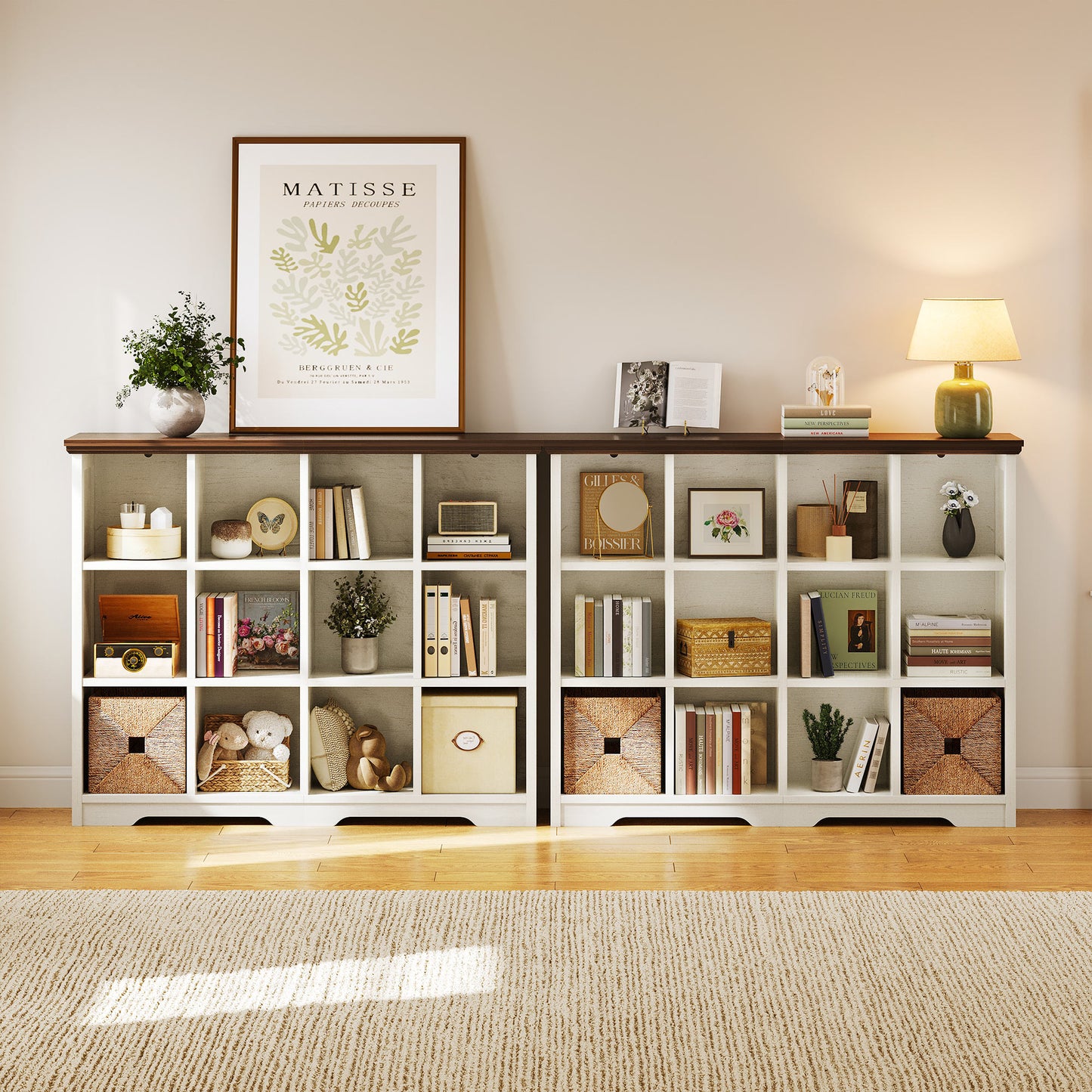Casacomoda 12 Cube Storage Organizer, Cube Bookcase with Open Storage Shelves, Modern Farmhouse Cube Organizer, Bookshelf for Living Room, Bedroom, Walnut & White