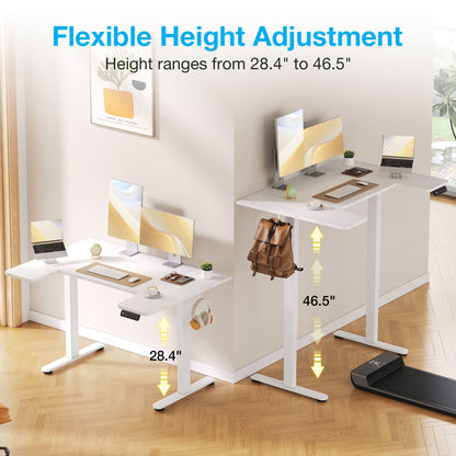 U-Shaped Electric Standing Desk, Height Adjustable Sit Stand Desk with 3 Memory Presets, Ergonomic Home Office Computer Desk with Hooks, Extra Large Workspace, White