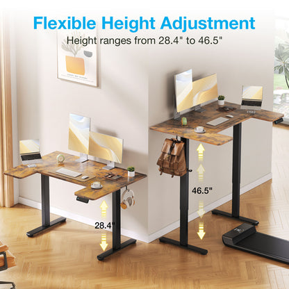 U-Shaped Electric Standing Desk, Height Adjustable Sit Stand Desk with 3 Memory Presets, Ergonomic Home Office Computer Desk with Hooks, Extra Large Workspace, Vintage