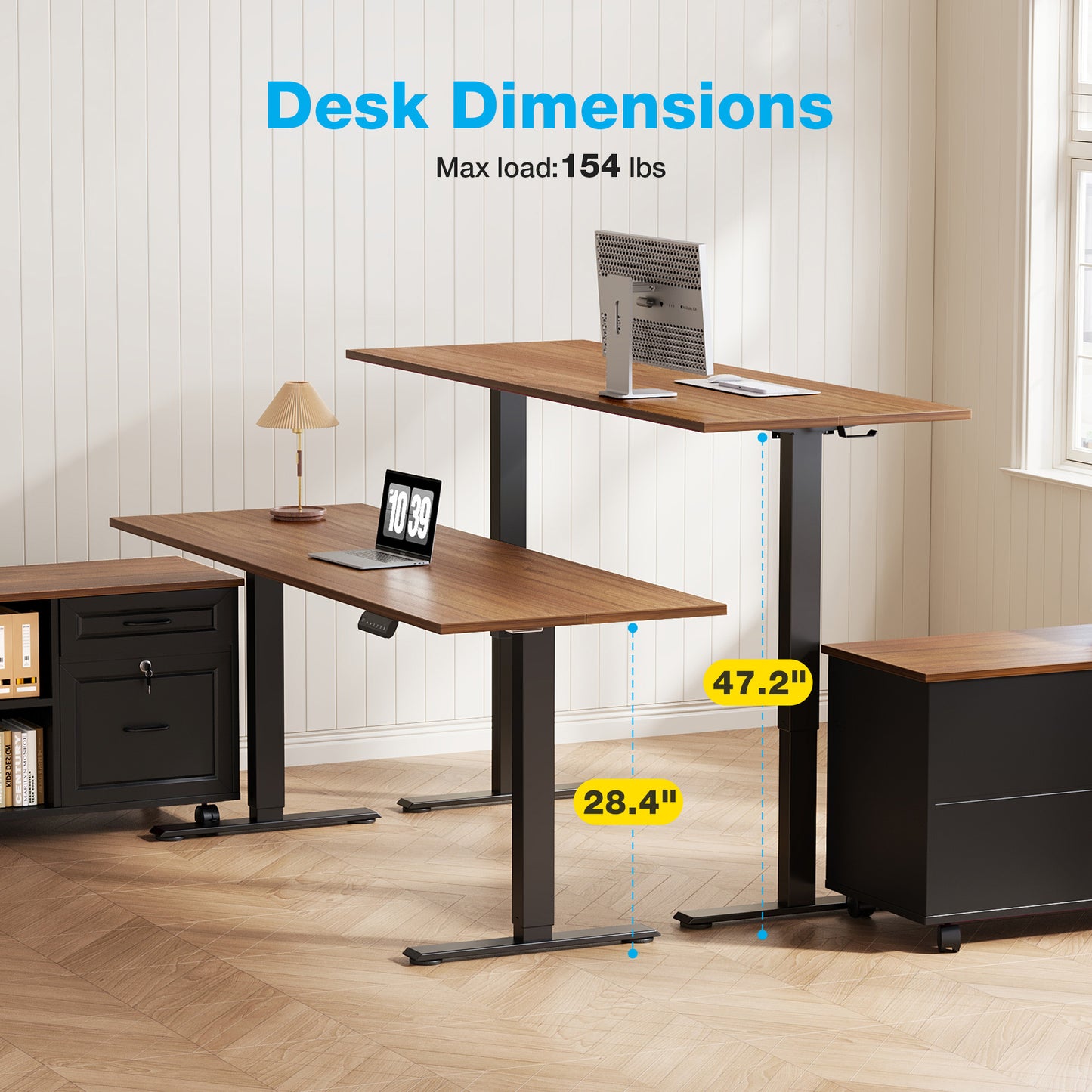 L-Shaped Standing Desk with Storage Cabinet and Drawers, Reversible Sit Stand Computer Desk for Home Office, Adjustable Height Desk, 48 Inch, Walnut & Black