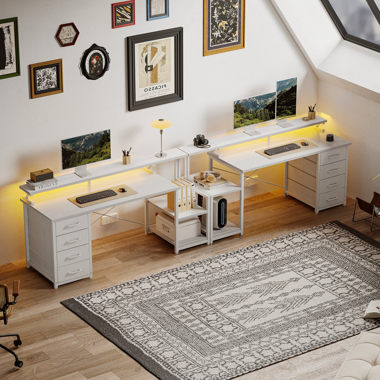 Casacomoda 55 Inch Computer Desk with LED Light, Monitor Stand, Desk with 4 Drawers, Home Office Desk with Storage Shelves, White Office Desks, White