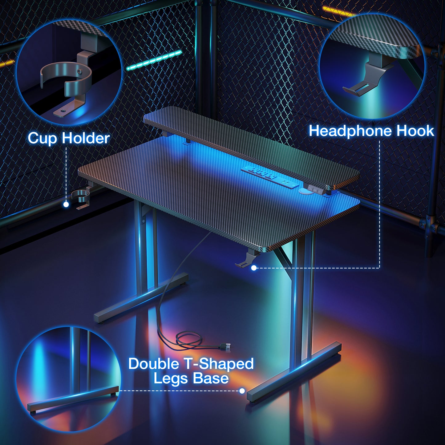 Gaming Desk 31 INCH, T- Shaped Carbon Fiber Surface Computer Desk with Full Desk Mouse Pad, Gamer Desk with Double Headphone Hook, USB Gaming Rack, Cup Holder, Black