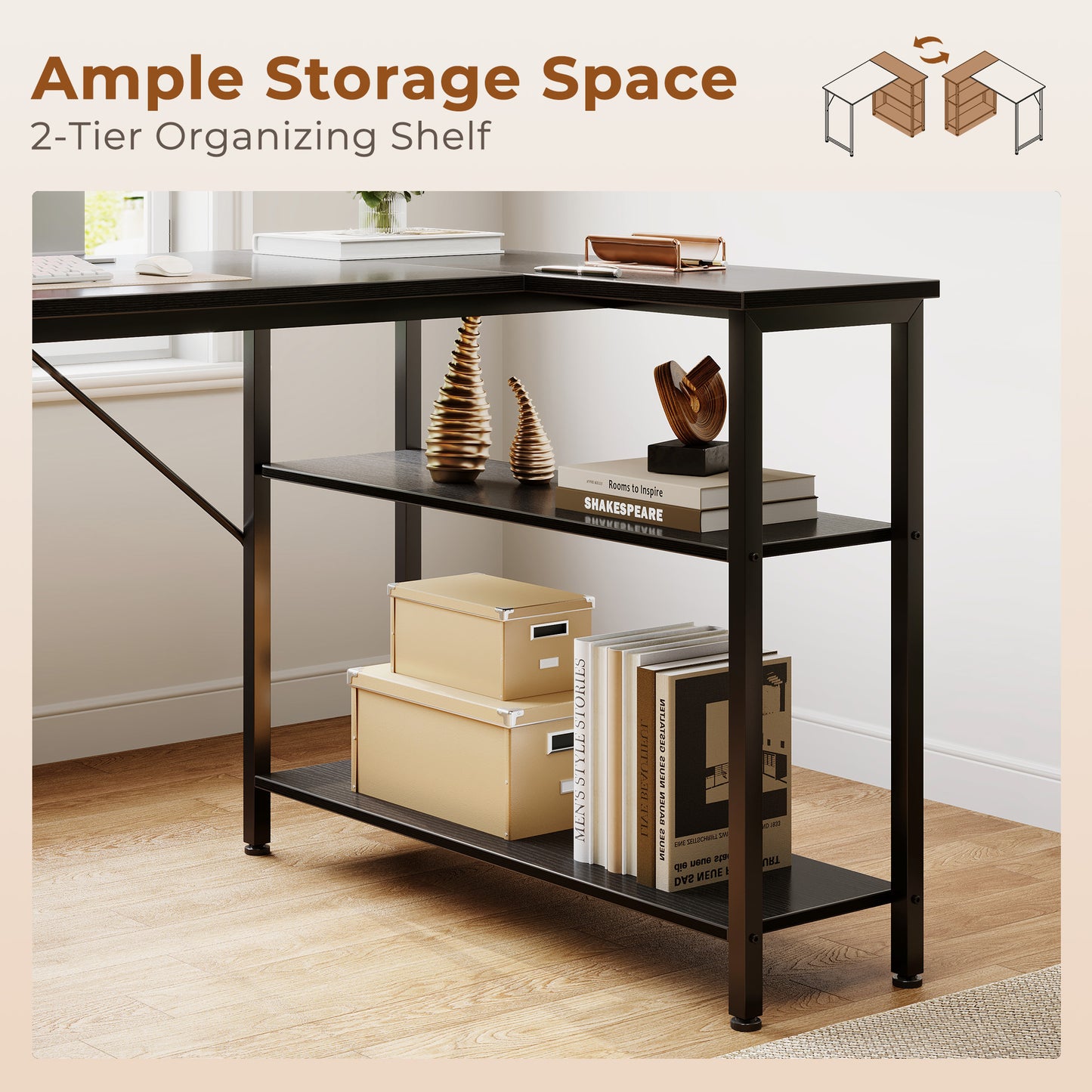 Casacomoda 40 Inch L Shaped Computer Desk with Reversible Storage Shelves, Small Corner Desk for Home Office and Study, Black