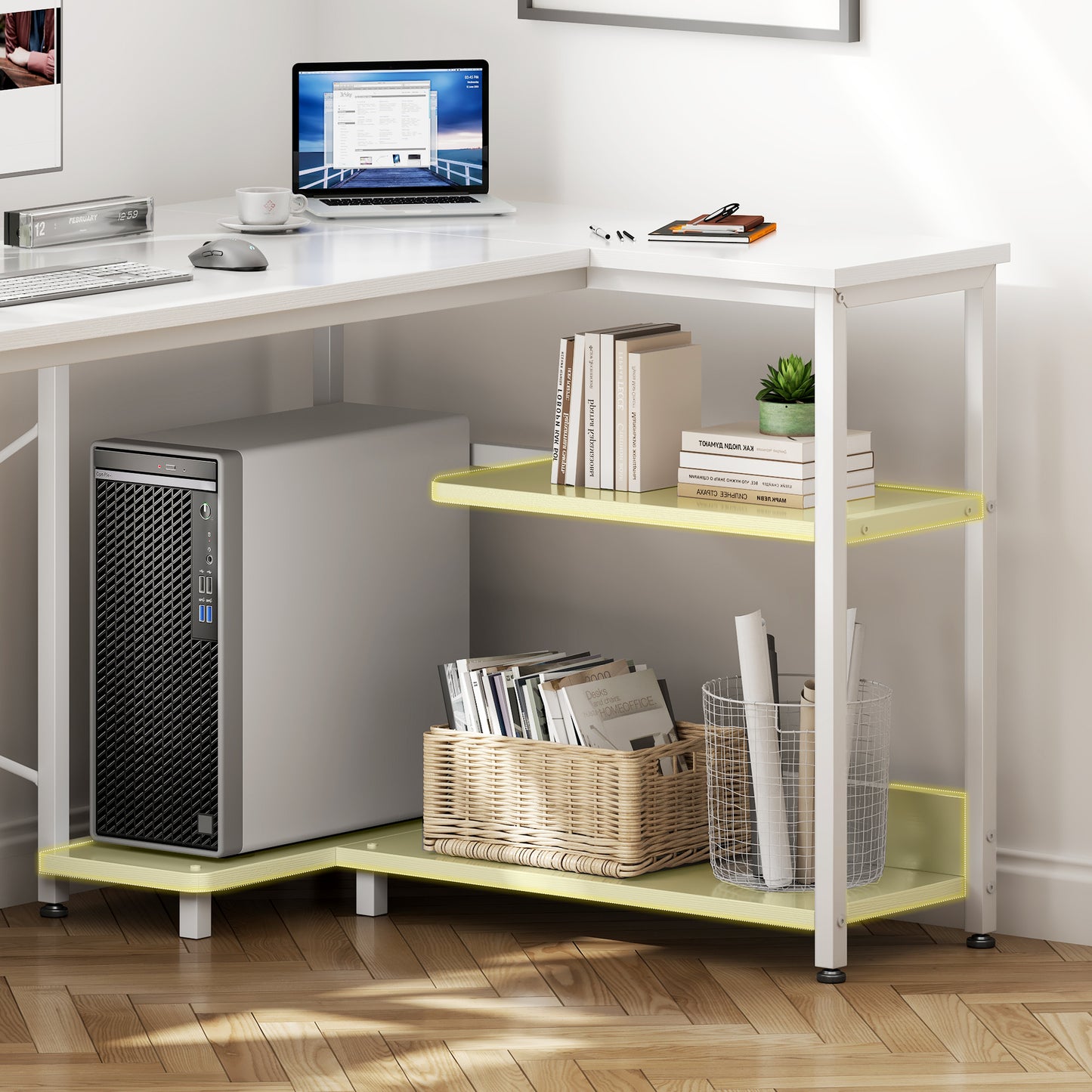 Casacomoda 40 Inch L Shaped Computer Desk with 3 Storage Shelves, Small Reversible Corner Desk for Small Space with Hock, Home Office L-Shaped Desk, White