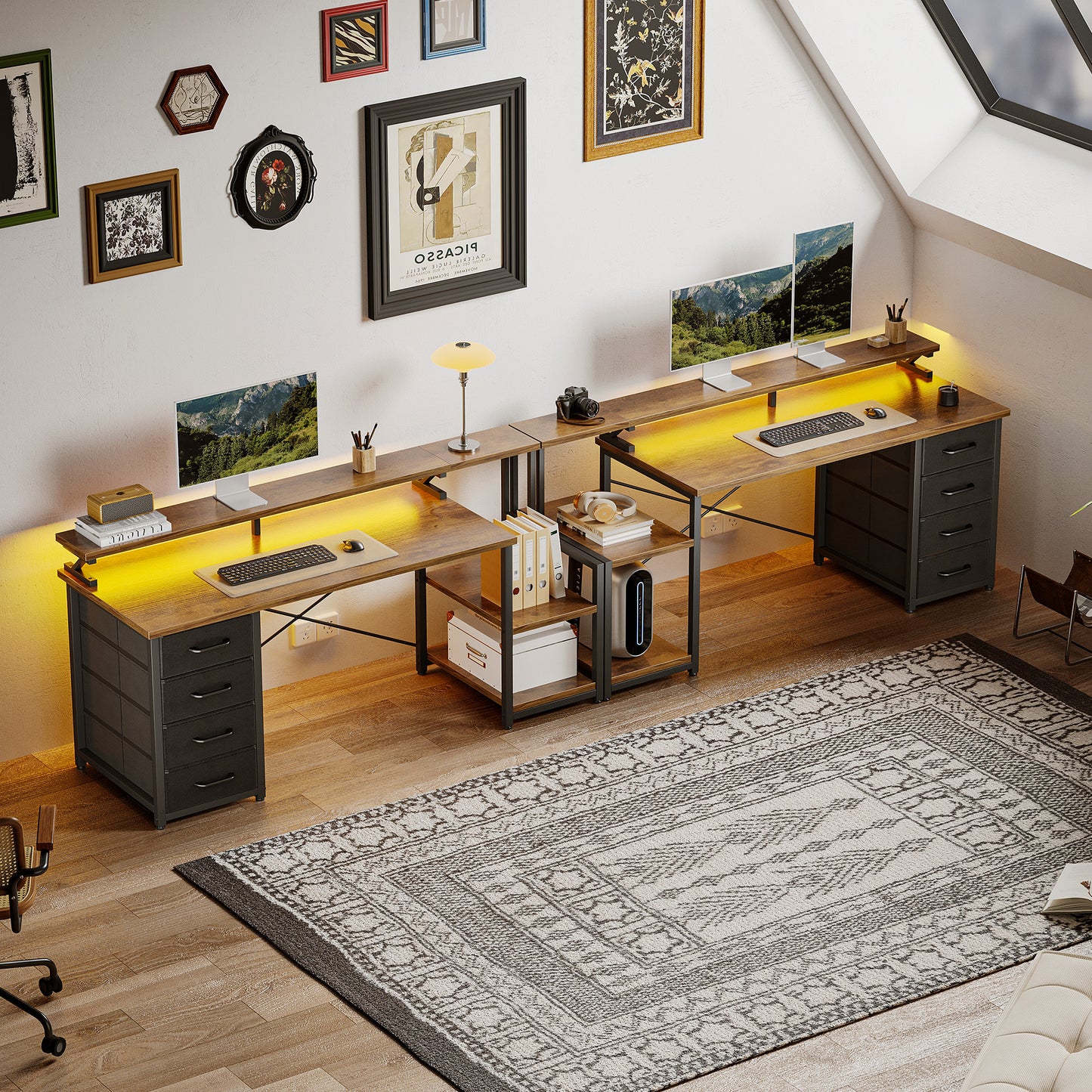 Casacomoda 55 Inch Computer Desk with LED Light, Monitor Stand, Desk with 4 Drawers, Home Office Desk with Storage Shelves, White Office Desks, Vintage and Black