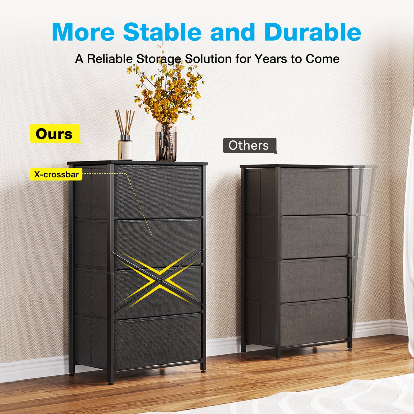 Casacomoda Dresser for Bedroom with 4 Storage Drawers, Small Dresser Chest of Drawers Fabric Dresser with Sturdy Steel Frame, Black