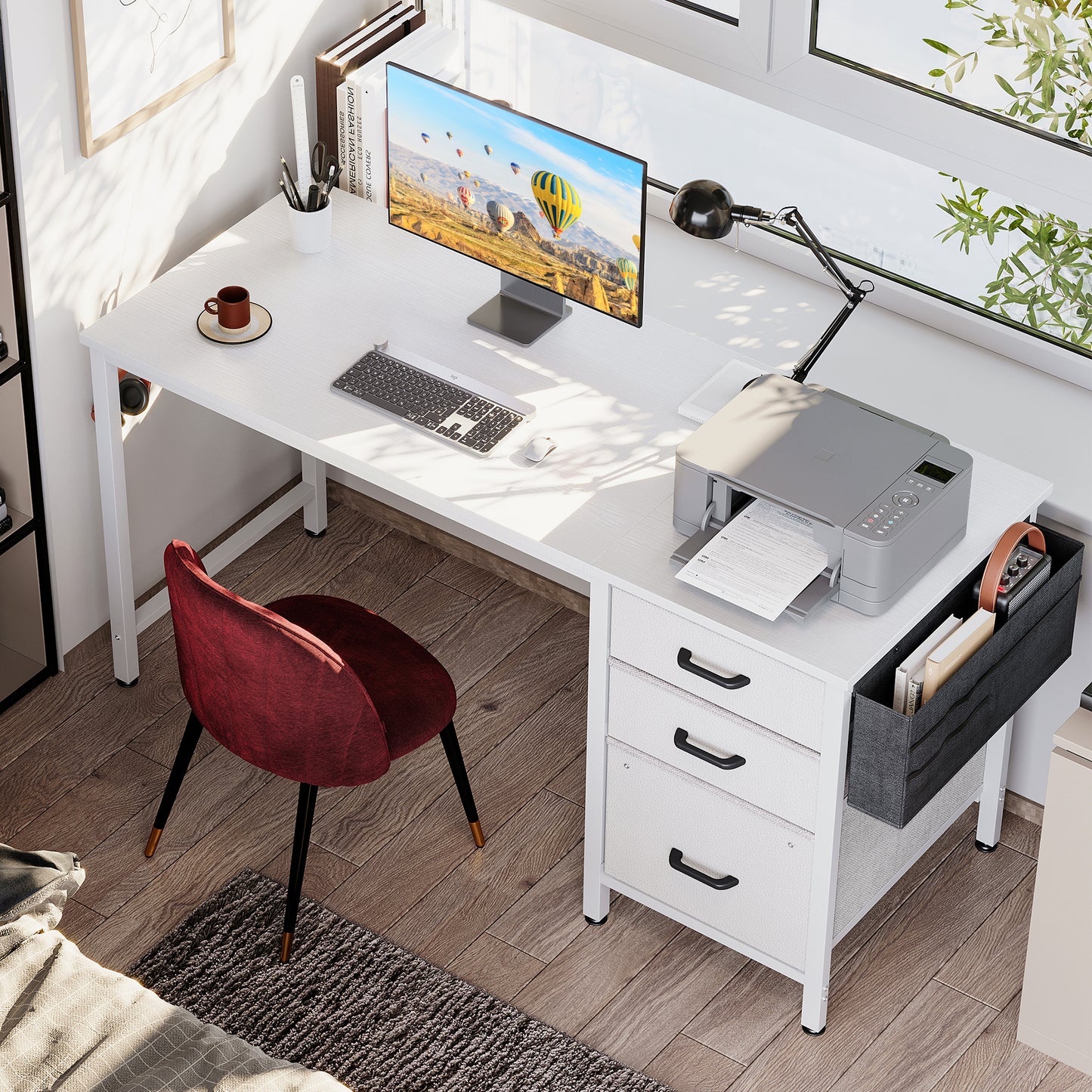 Casacomoda Small Computer Desk with Fabric Drawers & File Cabinet, Home Office Desk with Cloth Storage Bag and Hook, Writing Study Work Table for Small Space, Vanity Desk for Bedroom, White