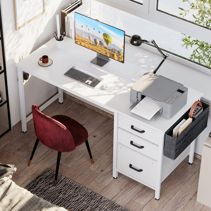 Casacomoda Small Computer Desk with Fabric Drawers & File Cabinet, Home Office Desk with Cloth Storage Bag and Hook, Writing Study Work Table for Small Space, Vanity Desk for Bedroom, White