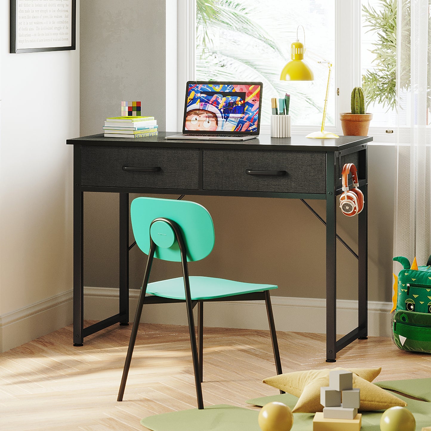 Casacomoda 32 Inch Writing Desk with Fabric Drawers, Modern Study Table with Storage for Student/Kids, Small Computer Desk for Small Space, Home Office Desk, Black
