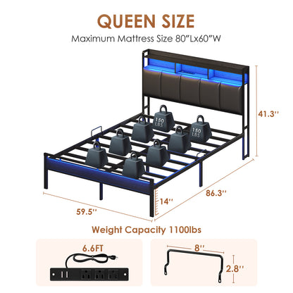 Queen Size Bed Frame with Storage Headboard & LED Light, Upholstered Platform Bed with Power Outlets, Heavy Duty Frame Support, Noise Free, No Box Spring Needed, Black