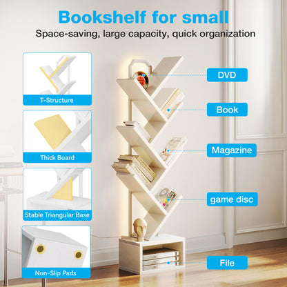 Casacomoda 6 Tier Tree Bookshelf, Bookcase with LED Lights, Display Floor Standing Storage Shelf, Book Organizer Shelves for Home Office, Living Room, White