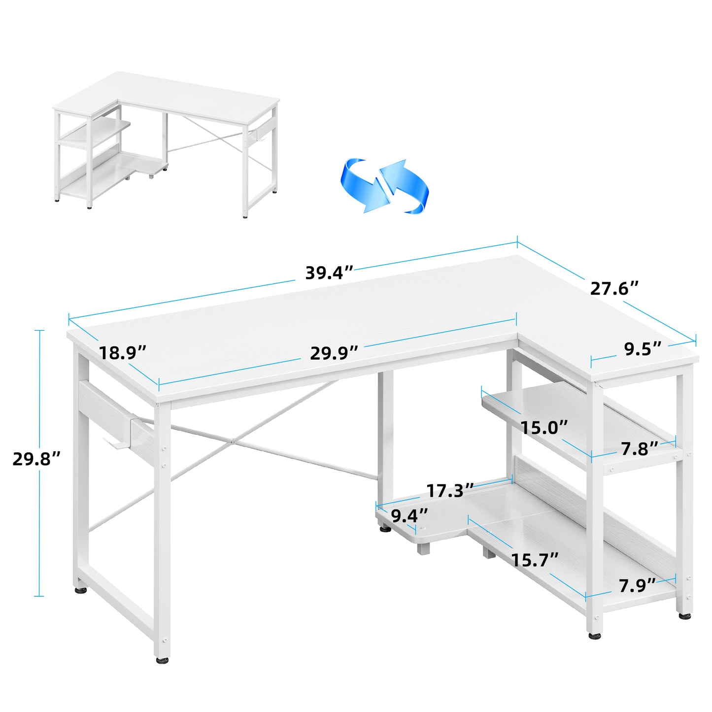 Casacomoda 40 Inch L Shaped Computer Desk with 3 Storage Shelves, Small Reversible Corner Desk for Small Space with Hock, Home Office L-Shaped Desk, White