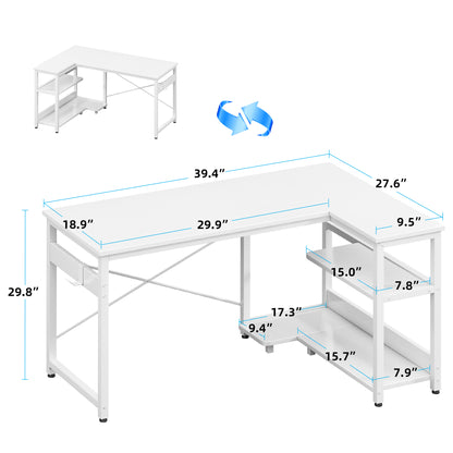 Casacomoda 40 Inch L Shaped Computer Desk with 3 Storage Shelves, Small Reversible Corner Desk for Small Space with Hock, Home Office L-Shaped Desk, White