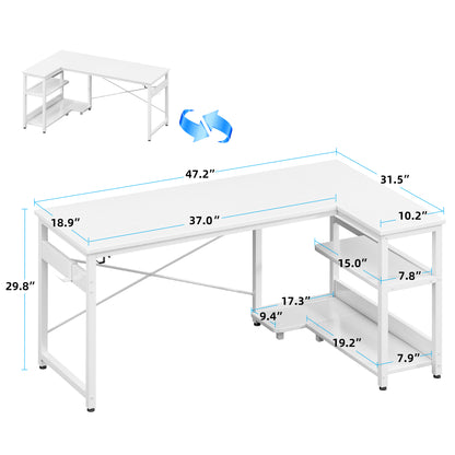 Casacomoda L Shaped Computer Desk with Power Outlet Shelves, 48 Inch Big Reversible Corner Desk for Small Space Home Office, L-Shaped Desk PC Desks, White