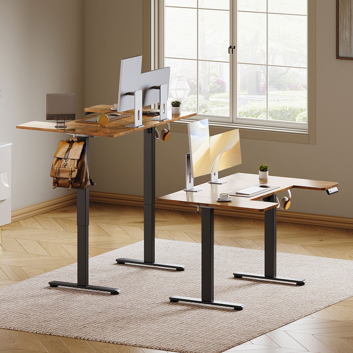 U-Shaped Electric Standing Desk, Height Adjustable Sit Stand Desk with 3 Memory Presets, Ergonomic Home Office Computer Desk with Hooks, Extra Large Workspace, Vintage