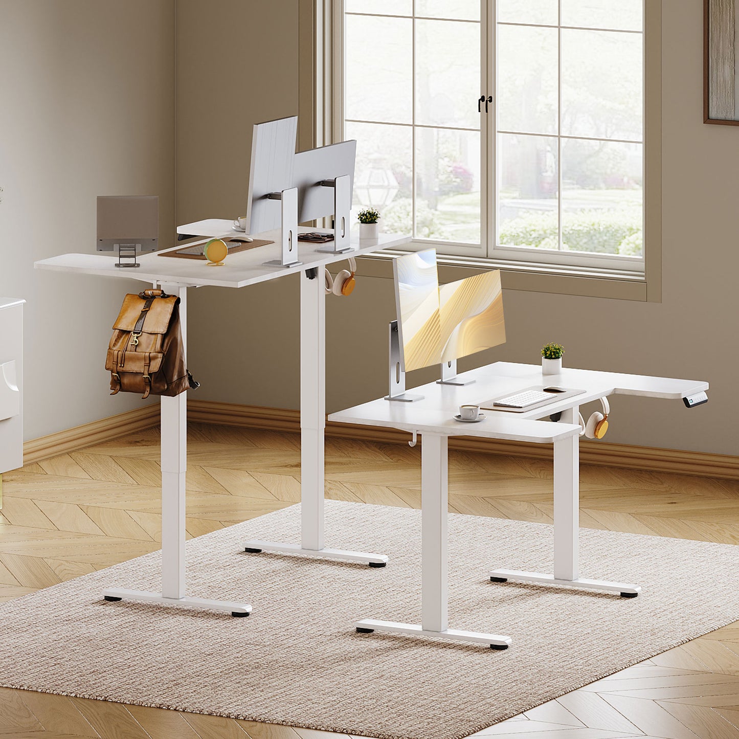 U-Shaped Electric Standing Desk, Height Adjustable Sit Stand Desk with 3 Memory Presets, Ergonomic Home Office Computer Desk with Hooks, Extra Large Workspace, White