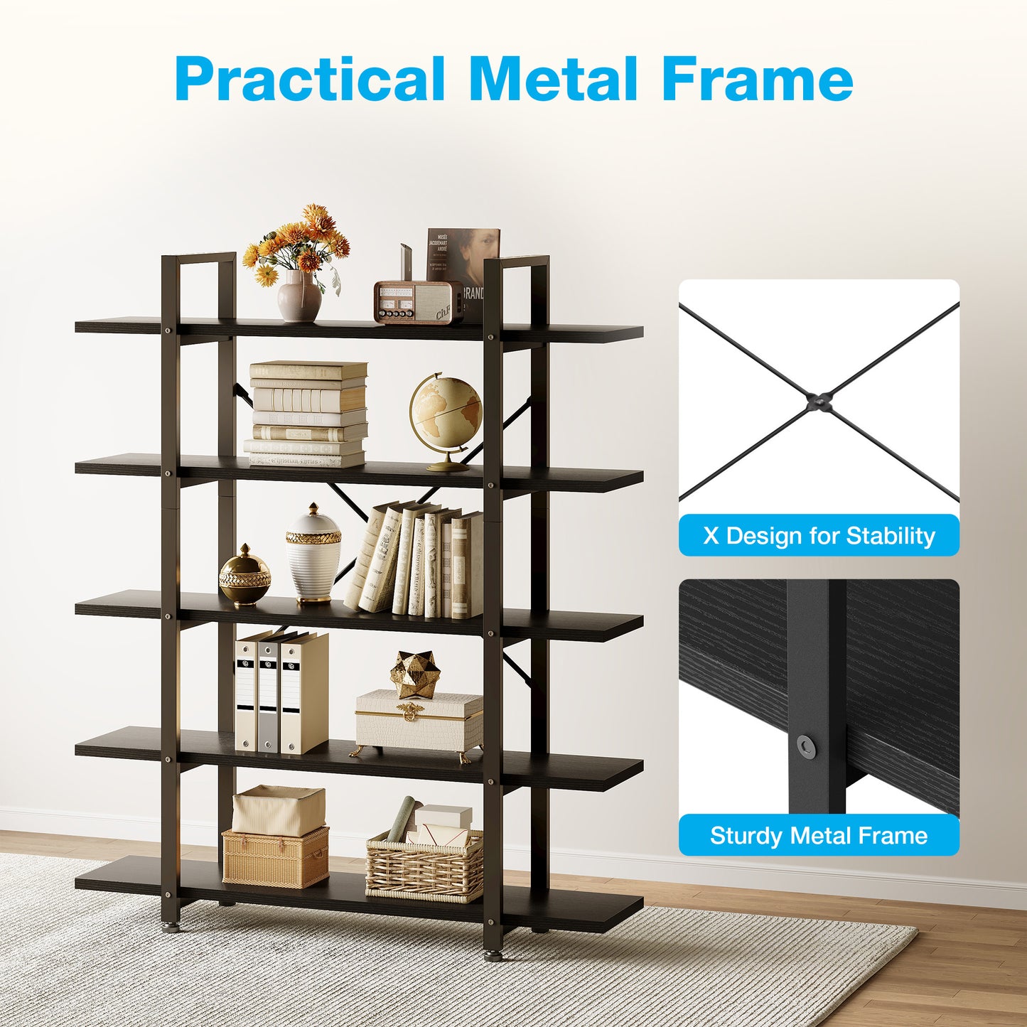 Industrial 5-Tier Bookshelf, Tall Bookcase with Reinforced Metal Frame, Open Design for Home Office, Living Room, Black