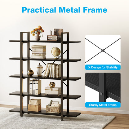 Industrial 5-Tier Bookshelf, Tall Bookcase with Reinforced Metal Frame, Open Design for Home Office, Living Room, Black