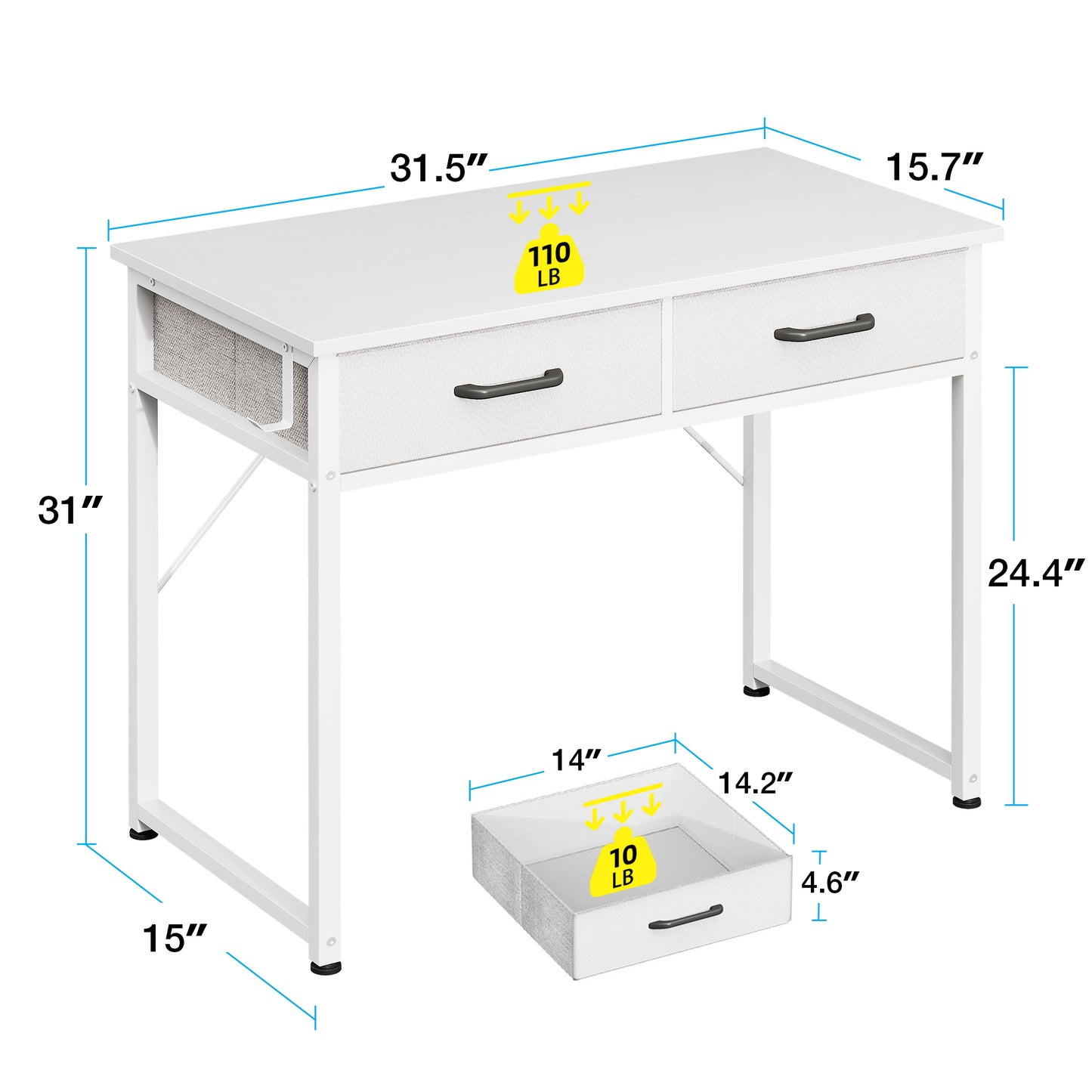 Casacomoda 32 Inch Black Writing Desk with 2 Fabric Drawers, Modern Study Table with Storage for Student/Kids, Small Computer Desk for Small Space, Home Office Desk, Pure White