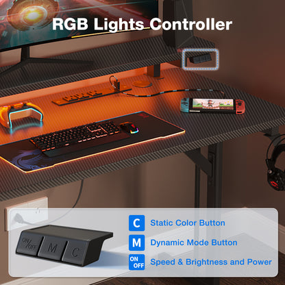Gaming Desk 31 INCH, T- Shaped Carbon Fiber Surface Computer Desk with Full Desk Mouse Pad, Gamer Desk with Double Headphone Hook, USB Gaming Rack, Cup Holder, Black