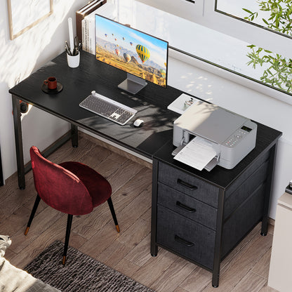 48 inch Computer Desk with 3 Fabric Drawers, Home Office Desk with File Cabinet, Writing Desk for Work and Study, Black