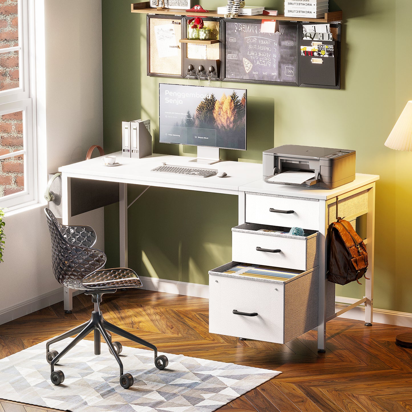 Casacomoda Small Computer Desk with Fabric Drawers & File Cabinet, Home Office Desk with Cloth Storage Bag and Hook, Writing Study Work Table for Small Space, Vanity Desk for Bedroom, White