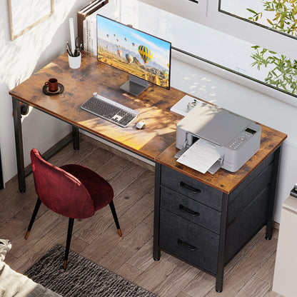 48 Inch Computer Desk with 3 Fabric Drawers, Home Office Desk with File Cabinet, Writing Desk for Work and Study, Vintage and Black