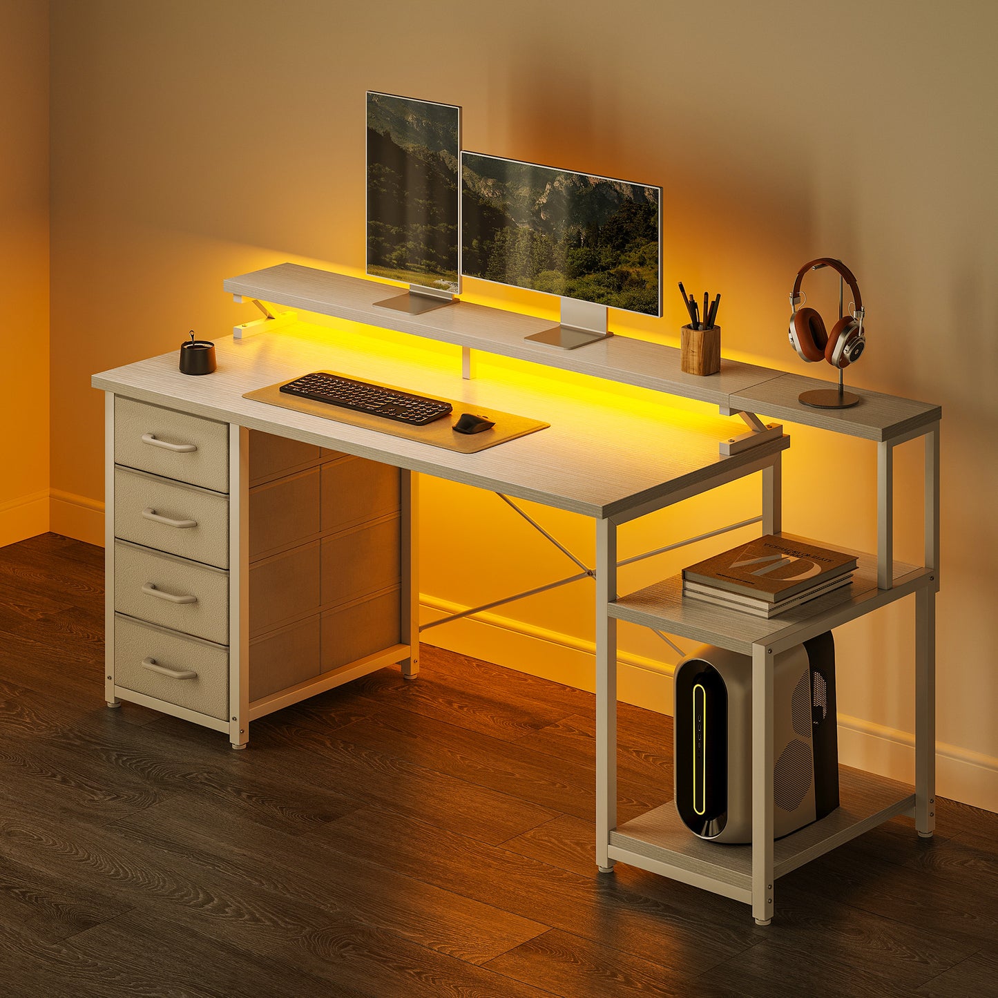 Casacomoda 55 Inch Computer Desk with LED Light, Monitor Stand, Desk with 4 Drawers, Home Office Desk with Storage Shelves, White Office Desks, White