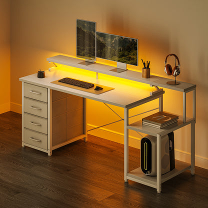 Casacomoda 55 Inch Computer Desk with LED Light, Monitor Stand, Desk with 4 Drawers, Home Office Desk with Storage Shelves, White Office Desks, White