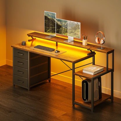 Casacomoda 55 Inch Computer Desk with LED Light, Monitor Stand, Desk with 4 Drawers, Home Office Desk with Storage Shelves, White Office Desks, Vintage and Black