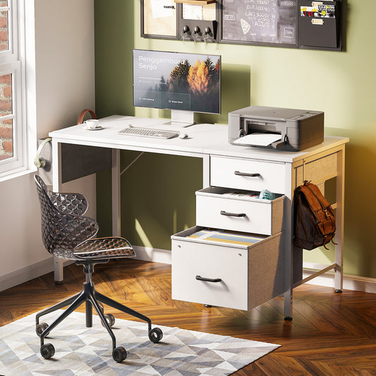 Casacomoda 40" Small Computer Desk with Fabric Drawers & File Cabinet, Home Office Desk with Cloth Storage Bag and Hook, Writing Study Work Table for Small Space, Vanity Desk for Bedroom, White