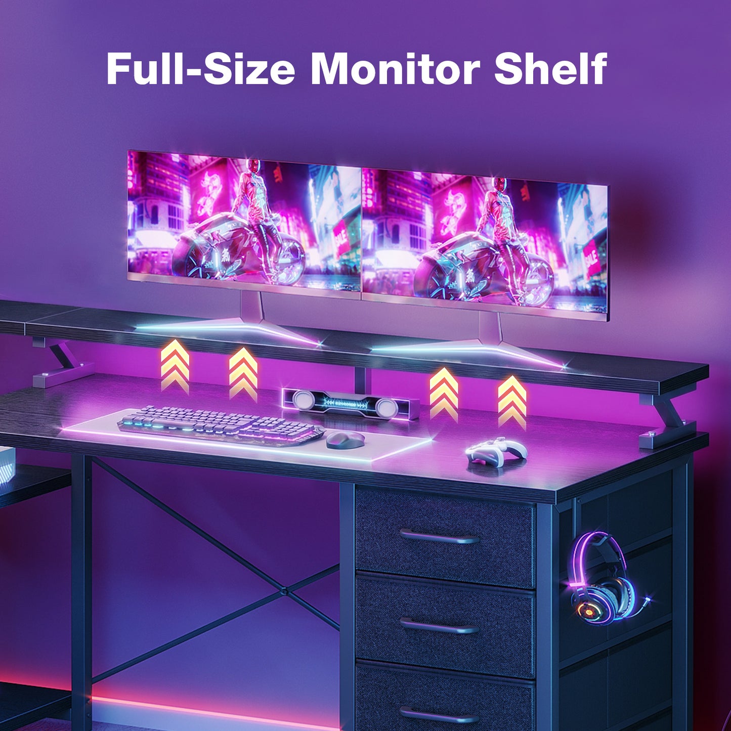 Casacomoda 55 Inch Computer Desk with LED Light, Monitor Stand, Desk with 4 Drawers, Home Office Desk with Storage Shelves, White Office Desks, Black