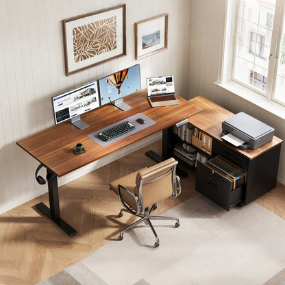L-Shaped Standing Desk with Storage Cabinet and Drawers, Reversible Sit Stand Computer Desk for Home Office, Adjustable Height Desk, 48 Inch, Walnut & Black