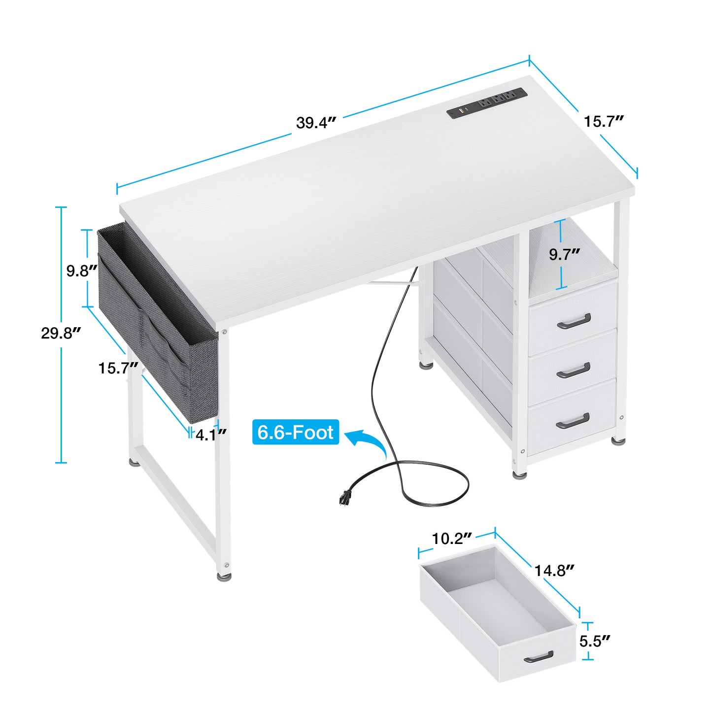 Casacomoda 40 inch Small Computer Desk with Fabric Drawers and Charging Station, Home Office Desk with Storage Shelf & Bag, White