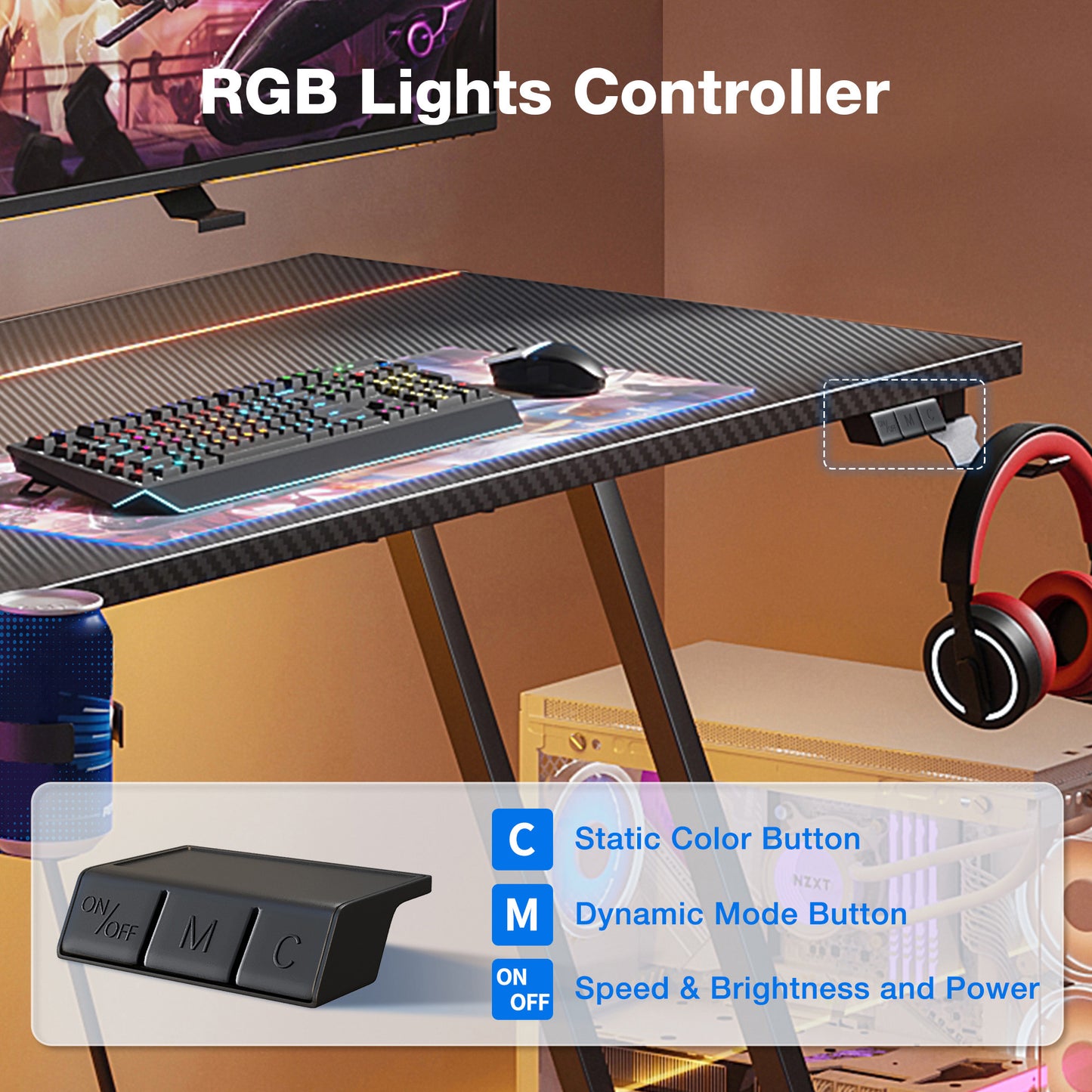 31.5 inch Gaming Desk with Z-Leg Design, Computer Desk with LED Light & Power Outlet, Gaming Table Suitable for Small Space, Black