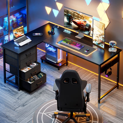 Casacomoda L Shaped Computer Desk with Charging Station , 53 inch PC Table Study Desk 4 Tier Drawers, Modern Simple Style Laptop Desk for Bedroom, Black