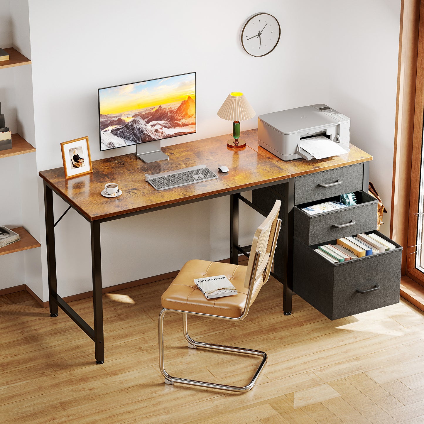 48 Inch Computer Desk with 3 Fabric Drawers, Home Office Desk with File Cabinet, Writing Desk for Work and Study, Vintage and Black