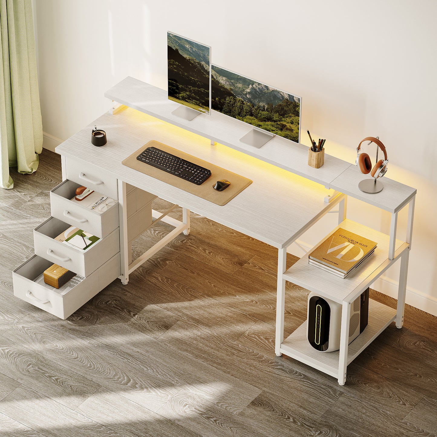 Casacomoda 55 Inch Computer Desk with LED Light, Monitor Stand, Desk with 4 Drawers, Home Office Desk with Storage Shelves, White Office Desks, White