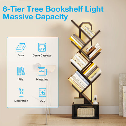 Casacomoda 6 Tier Tree Bookshelf, Bookcase with LED Lights, Display Floor Standing Storage Shelf, Book Organizer Shelves for Home Office, Living Room, Black