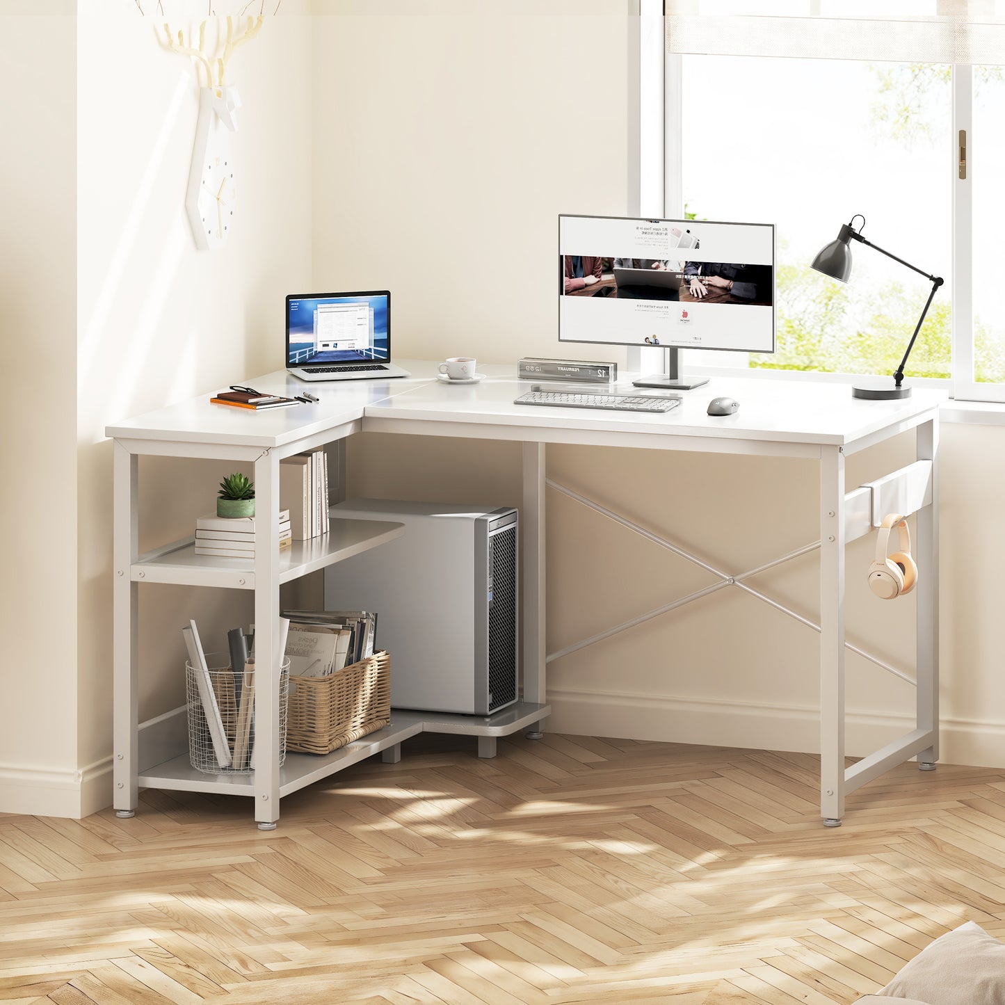 Casacomoda 40 Inch L Shaped Computer Desk with 3 Storage Shelves, Small Reversible Corner Desk for Small Space with Hock, Home Office L-Shaped Desk, White