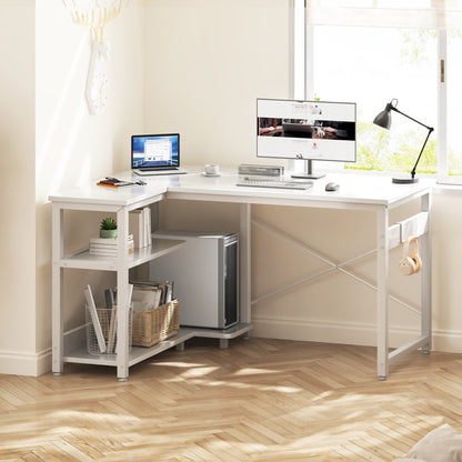 Casacomoda 40 Inch L Shaped Computer Desk with 3 Storage Shelves, Small Reversible Corner Desk for Small Space with Hock, Home Office L-Shaped Desk, White