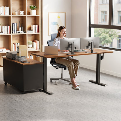 L-Shaped Standing Desk with Storage Cabinet and Drawers, Reversible Sit Stand Computer Desk for Home Office, Adjustable Height Desk, 48 Inch, Walnut & Black