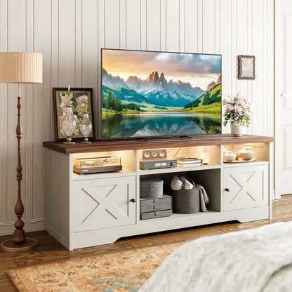Farmhouse LED TV Stand for 65 Inch TV, Entertainment Center with Power Outlet, Media Console with Storage Cabinets and Shelves, White