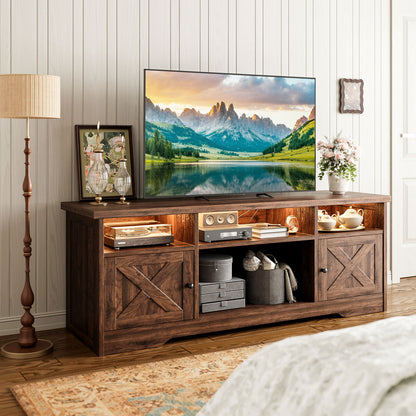 Farmhouse LED TV Stand for 65 Inch TV, Entertainment Center with Power Outlet, Media Console with Storage Cabinets and Shelves, Walnut