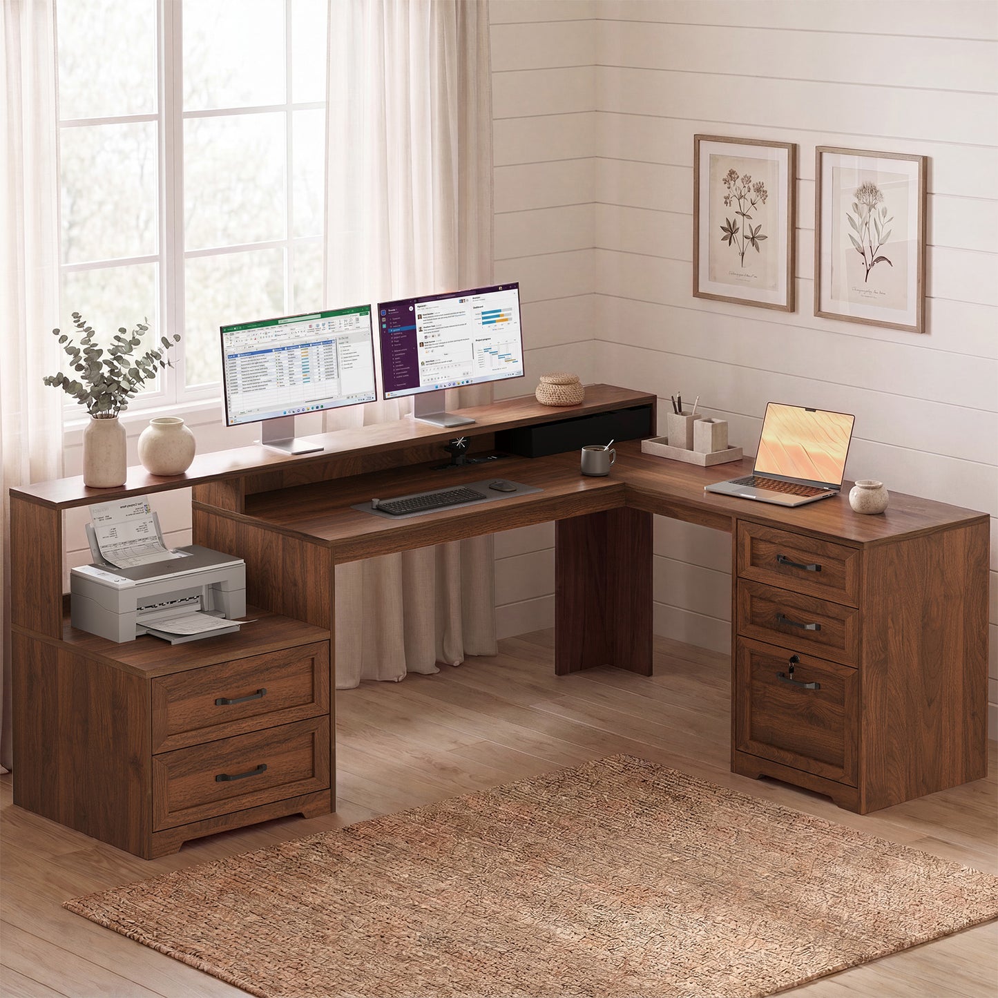 Casacomoda Farmhouse Executive Desk 68 Inch, L Shaped Computer Desk with Drawers, Office Desk with Locking Cabinet, Corner Desk with Printer Shelf & Power Outlet, Monitor Stand, Walnut