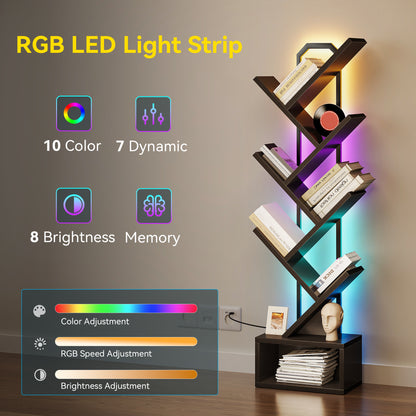 Casacomoda 6 Tier Tree Bookshelf, Bookcase with LED Lights, Display Floor Standing Storage Shelf, Book Organizer Shelves for Home Office, Living Room, Black